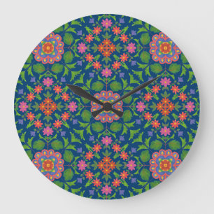 Reloj Redondo Grande Moda Floral Rangoli Deep Blue Acrylon Wall Clock