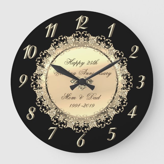 Reloj Redondo Grande Moda Oro Negro Diamante 25 Aniversario Boda (Anverso)