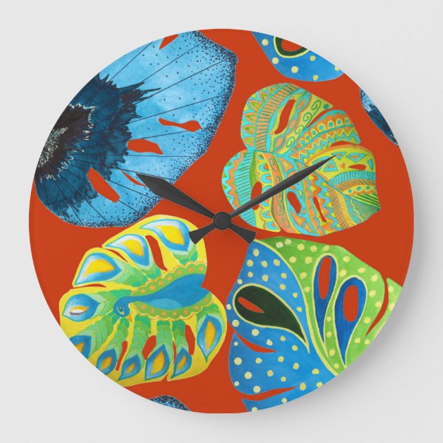 Reloj Redondo Grande Moda Tropical: Patrón de Leafy sin Marea. (Anverso)