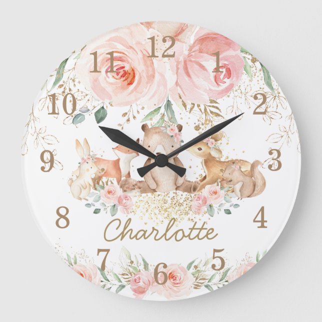 Reloj Redondo Grande Moda Woodland Animales Rubor Chica Floral Dormitor (Anverso)