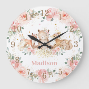 Reloj Redondo Grande Moda Woodland Animals Pastel Rubor Floral Gold
