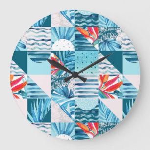 Reloj Redondo Grande Modelo abstracto geométrico verde azulado tropical