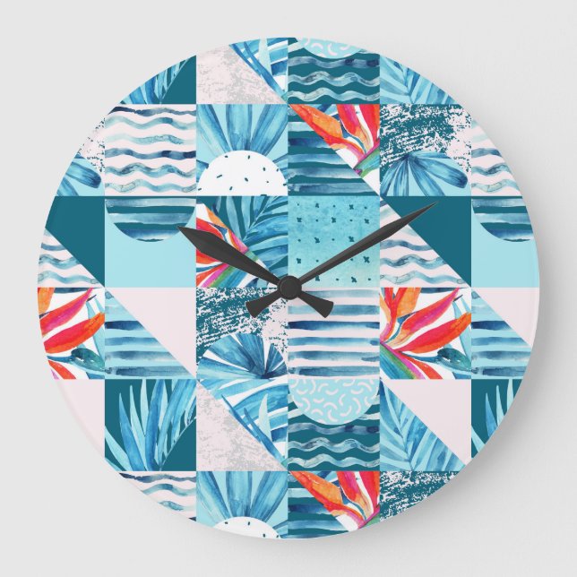 Reloj Redondo Grande Modelo abstracto geométrico verde azulado tropical (Anverso)