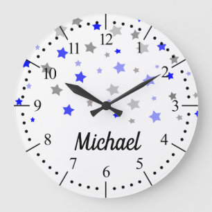Reloj Redondo Grande Modelo de estrellas azul, azul claro y gris