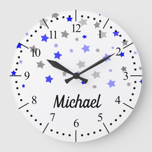 Reloj Redondo Grande Modelo de estrellas azul, azul claro y gris (Anverso)