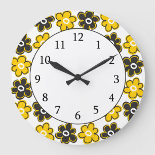 Reloj Redondo Grande Modelo de flores retro amarillo y negro