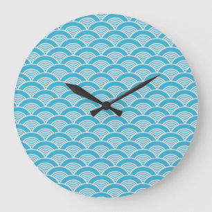 Reloj Redondo Grande Modelo de onda japonés blanco azul de la