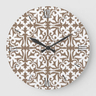 Reloj Redondo Grande Modelo del damasco de Ikat - moreno de color topo