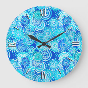 Reloj Redondo Grande Modelo del remolino del fractal, azul de cobalto