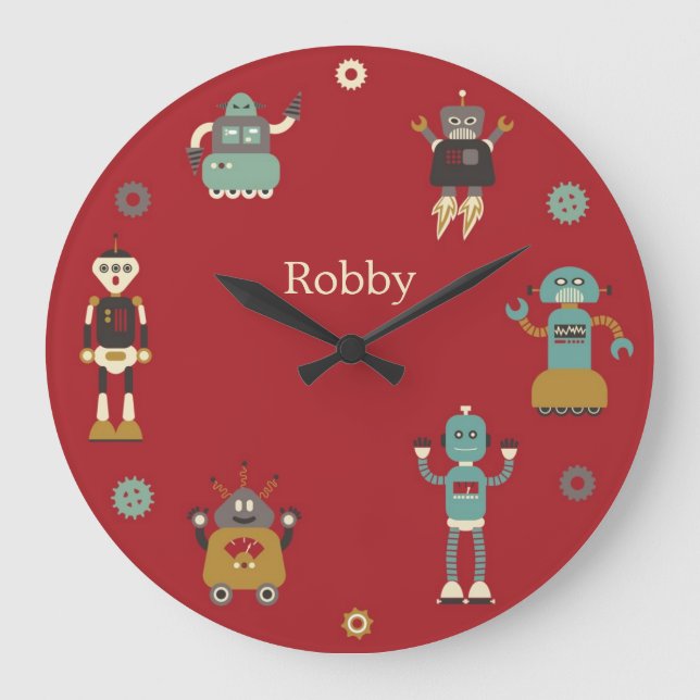 Reloj Redondo Grande Modelo ilustrado robots retros de la diversión (Anverso)