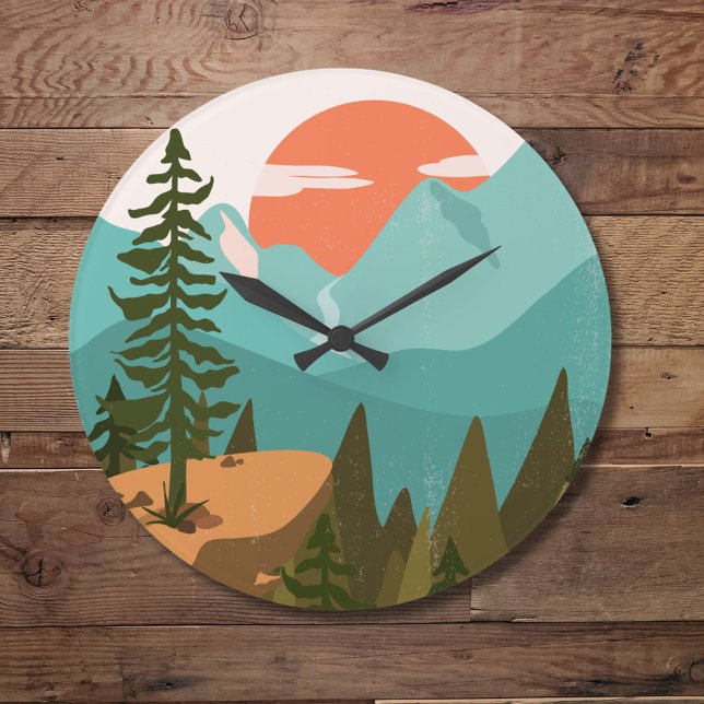 Reloj Redondo Grande Modern Abstract Forest, Mountains, and Sunrise (In situ)