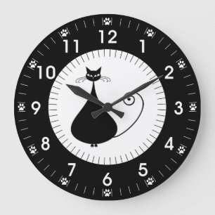 Reloj Redondo Grande Modern Black Cat with Paw Prints