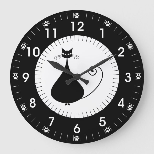 Reloj Redondo Grande Modern Black Cat with Paw Prints (Anverso)