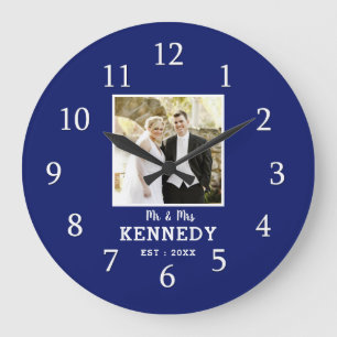 Reloj Redondo Grande Modern Blue Personalized Photo Wedding Anniversary