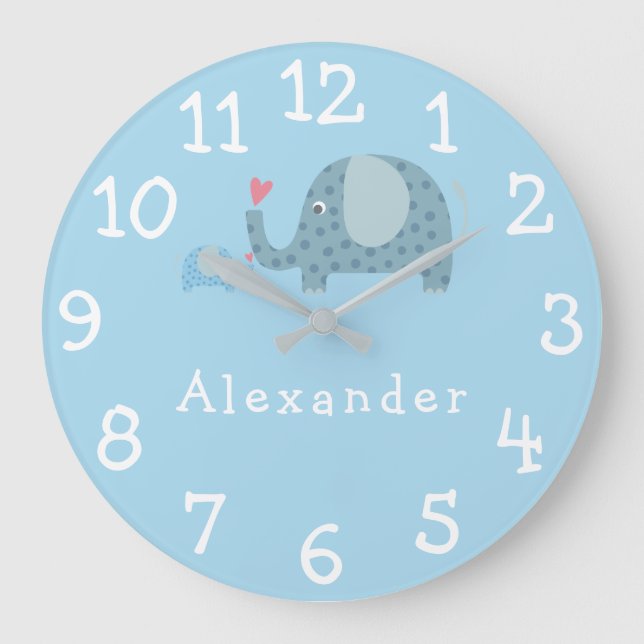 Reloj Redondo Grande Modern Boy Personalized Polka Dot Elephants (Anverso)