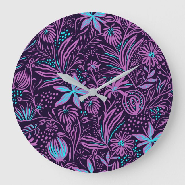 Reloj Redondo Grande Modern Dark Purple Floral Pattern (Anverso)