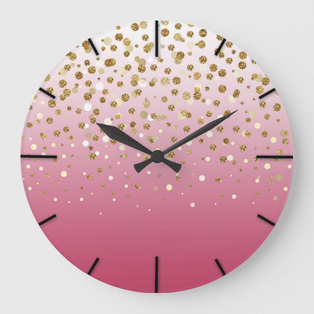 Reloj Redondo Grande Modern Girly gold glitter confetti Pink Gradient (Anverso)