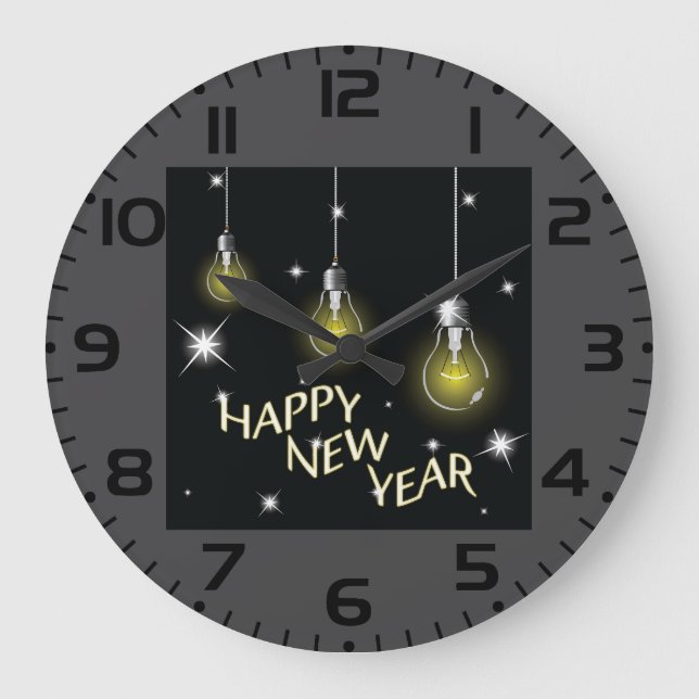 Reloj Redondo Grande Modern Glowing Light Bulbs Happy New Year (Anverso)