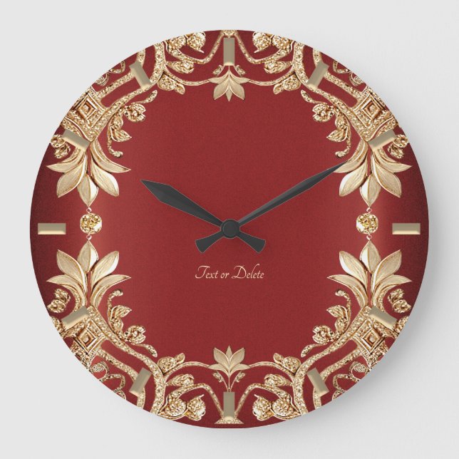 Reloj Redondo Grande Modern Gold Red Floral Wall Clock (Anverso)