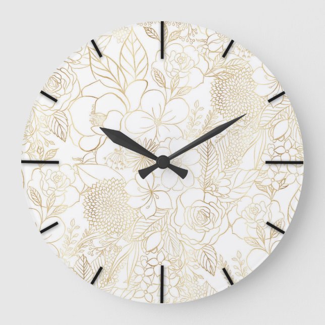 Reloj Redondo Grande Modern Gold White Floral Doodles line art (Anverso)