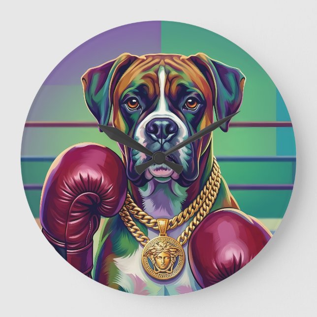 Reloj Redondo Grande Modern Pop Art Boxer Dog Boxing Athlete (Anverso)