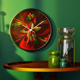 Reloj Redondo Grande Modern Red Green Floral Abstract Art Pattern #05