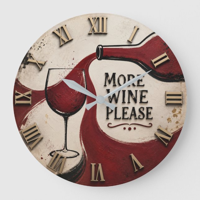 Reloj Redondo Grande Modern Rustic Wine Lover More Wine Please (Anverso)