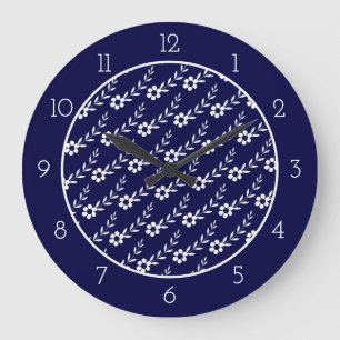 Reloj Redondo Grande Modern white flower pattern navy blue border