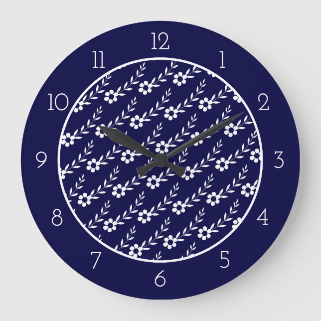 Reloj Redondo Grande Modern white flower pattern navy blue border  (Anverso)