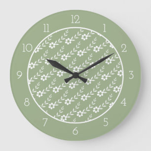 Reloj Redondo Grande Modern white flower pattern sage green border