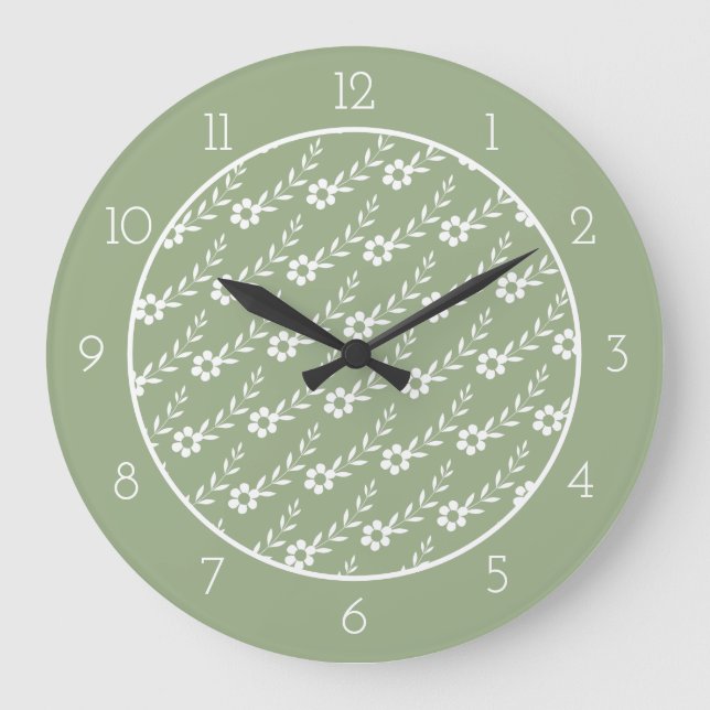 Reloj Redondo Grande Modern white flower pattern sage green border (Anverso)