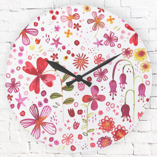 Reloj Redondo Grande Moderna acuarela de flores silvestres