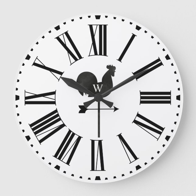 Reloj Redondo Grande Moderna granja Monograma Rooster Weather Vane (Anverso)