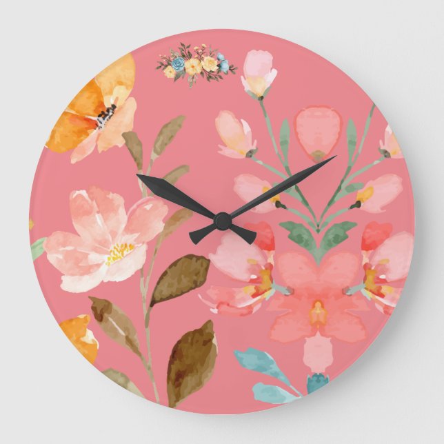Reloj Redondo Grande Moderna y elegante acuarela rosa (Anverso)