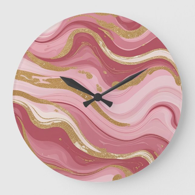 Reloj Redondo Grande Modernas venas de oro rosa de tinta líquida Art (Anverso)