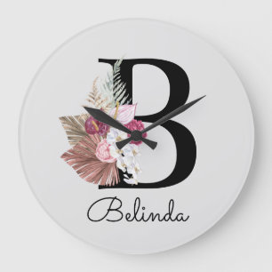 Reloj Redondo Grande Moderno Boho Rosa Girly Floral Inicial B