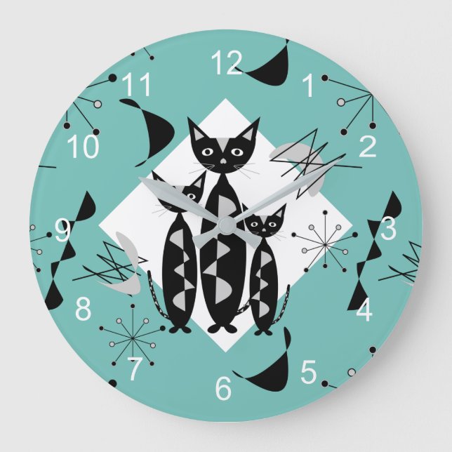 Reloj Redondo Grande Moderno Mid Century Retro Cats Cutáneo Patrón  (Anverso)