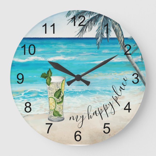 Reloj Redondo Grande Mojito Cocktail Beach Happy Place Watercolor  (Anverso)