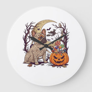 Reloj Redondo Grande Momia de Halloween Bulldog Francés Calabaza Carame