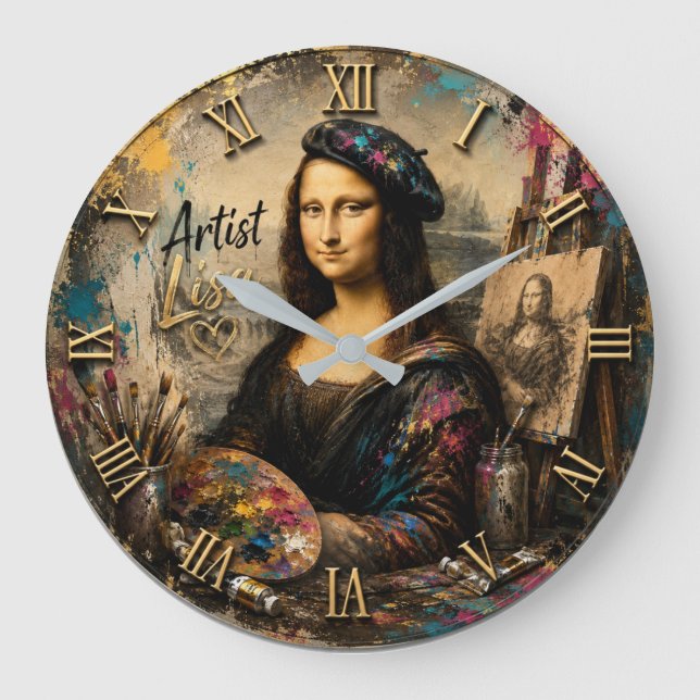 Reloj Redondo Grande Mona Lisa Artist Funny Painter Studio (Anverso)