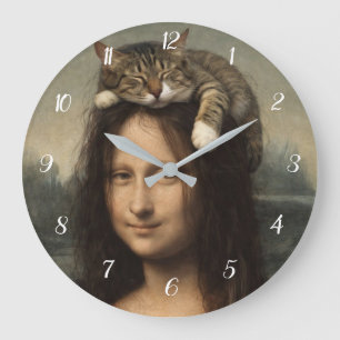 Reloj Redondo Grande Mona Lisa con gato durmiendo