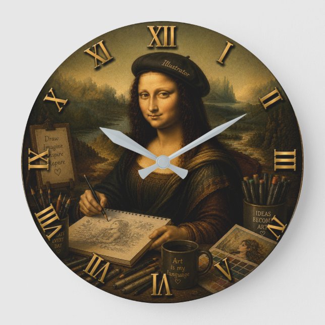 Reloj Redondo Grande Mona Lisa Illustrator Funny Artist Studio  (Anverso)