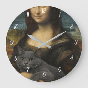 Reloj Redondo Grande Mona Lisa sosteniendo un elegante gato gris