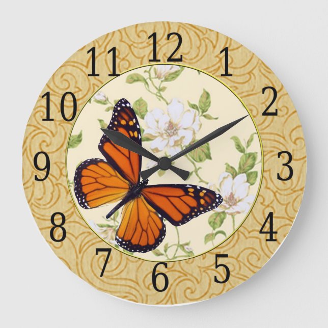 Reloj Redondo Grande Monarch Butterfly And Dogwood Flowers Clock (Anverso)