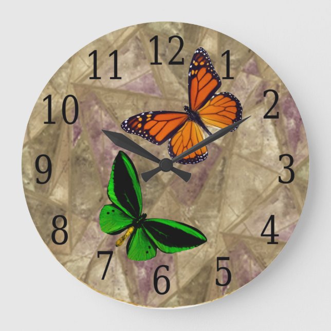 Reloj Redondo Grande Monarch & Green Butterfly On Stein Glass Clock (Anverso)