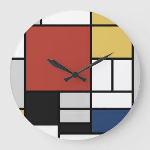 Reloj Redondo Grande Mondrian Pintura de Plano Rojo Amarillo Azul Gris