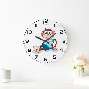 Reloj Redondo Grande Mono Lindo con Camisa a Rayas Azules y Pantalones