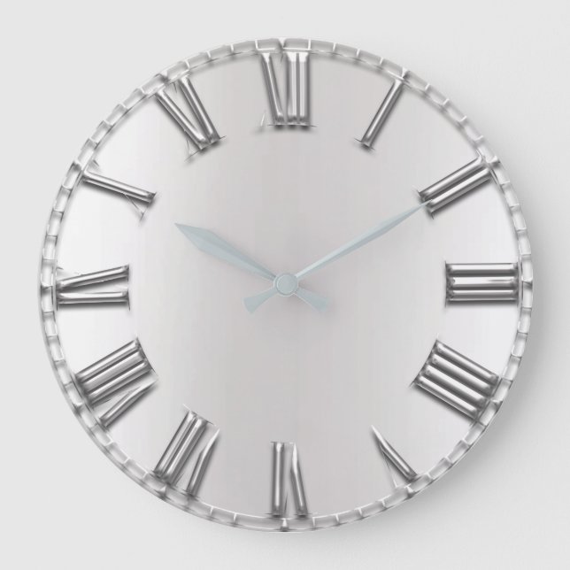 Reloj Redondo Grande Monocrom Gris Metálico Gris Plata Números Romanos (Anverso)