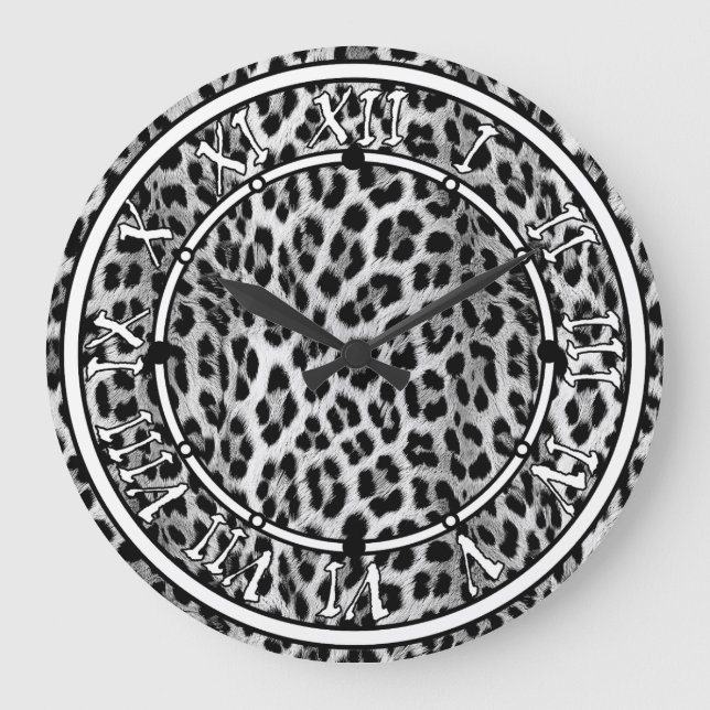 Reloj Redondo Grande Monocromo blanco y negro, patrón leopardo (Anverso)