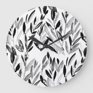 Reloj Redondo Grande Monocromo elegante: Patrón de hojas naturales
